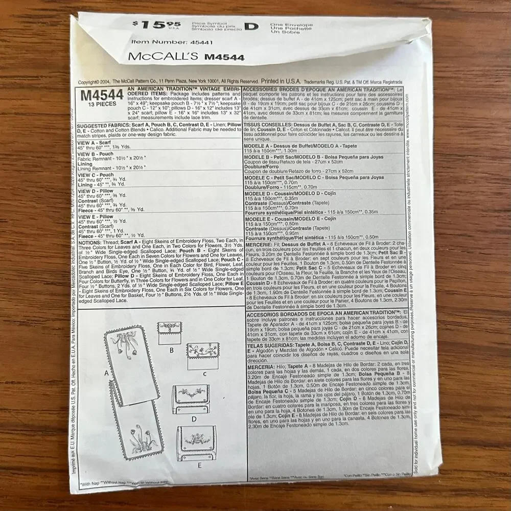 UNCUT McCall's Pattern 4544 Embroidered Items
